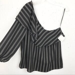 Halogen One Shoulder Ruffle Stripe Blouse Black Sm